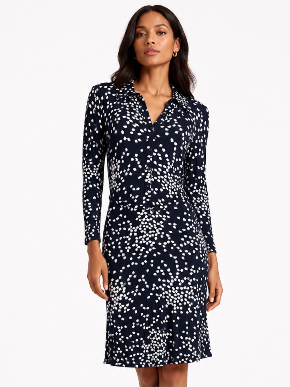 HOBBS London Navy and White Dot Print Long-Sleeve Dress Size 2